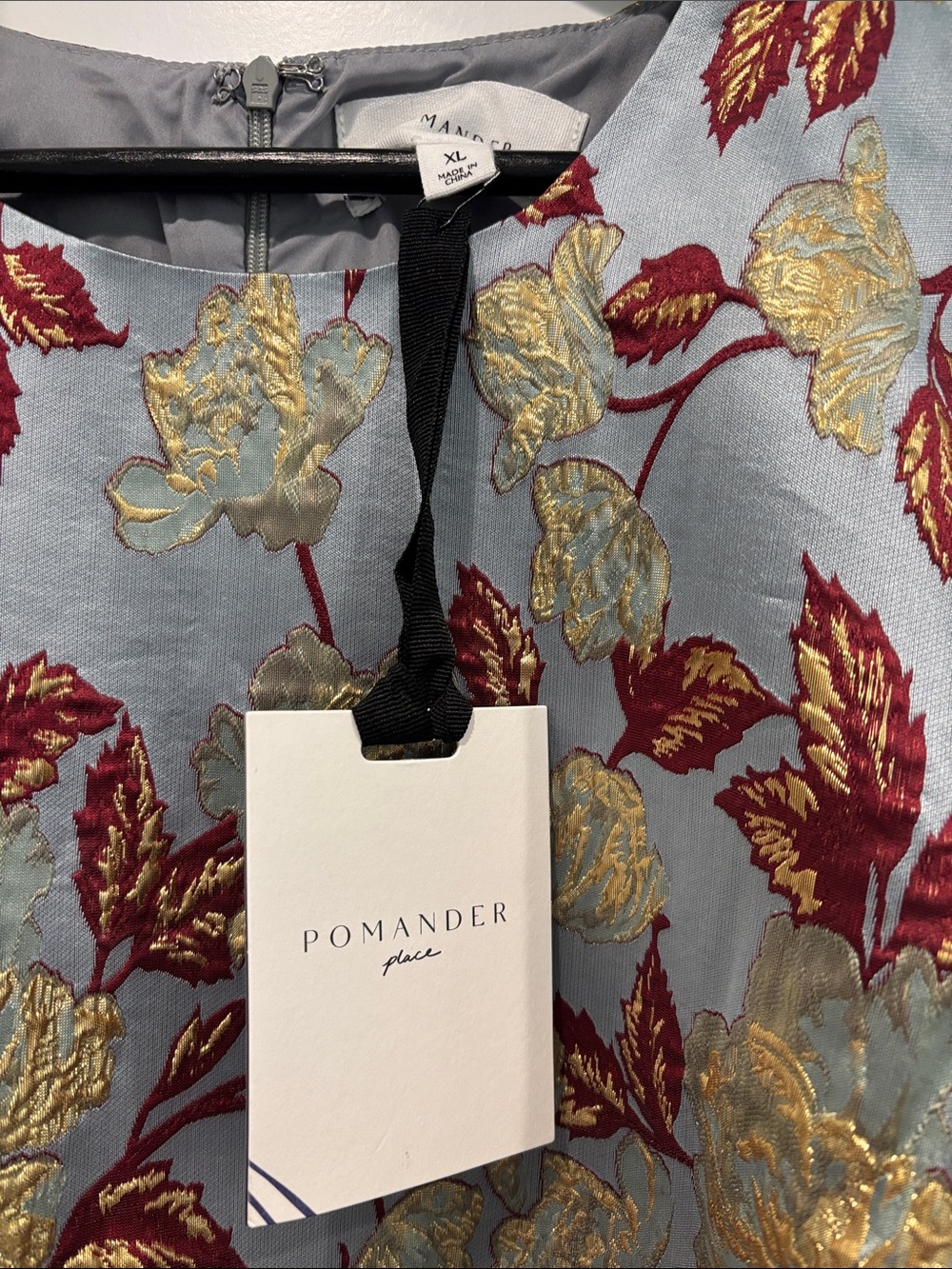Pomander Place Light Blue Jacquard Mini Dress with Gold & Burgundy Floral - Picture 2 of 7